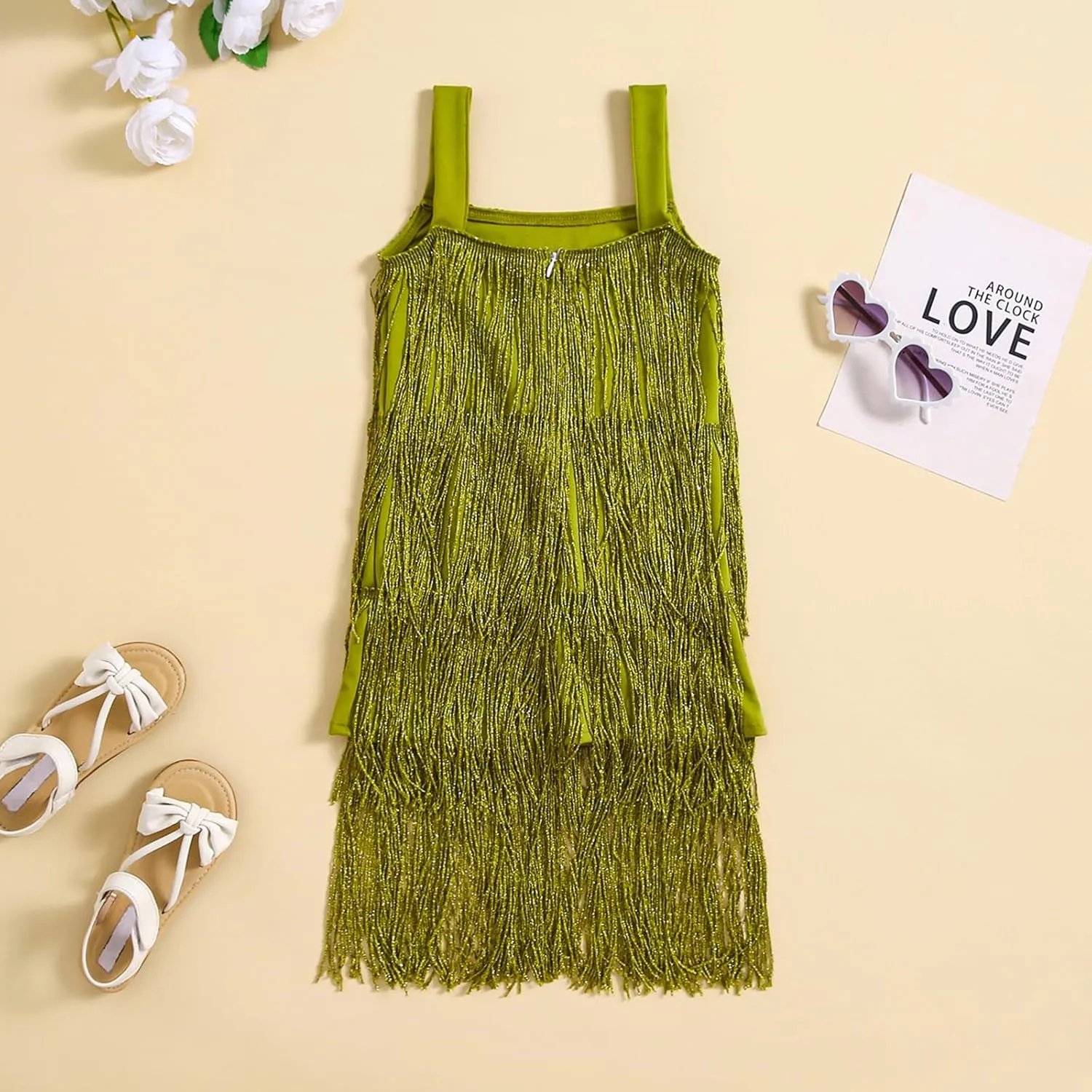 Toddler Kids Girls Sleeveless Sequin Fringe Dress Zip Back Little Girls Tasseled Sparkling Party Latin Dance Dress