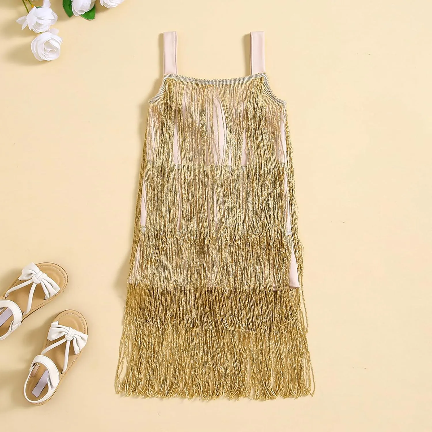 Toddler Kids Girls Sleeveless Sequin Fringe Dress Zip Back Little Girls Tasseled Sparkling Party Latin Dance Dress