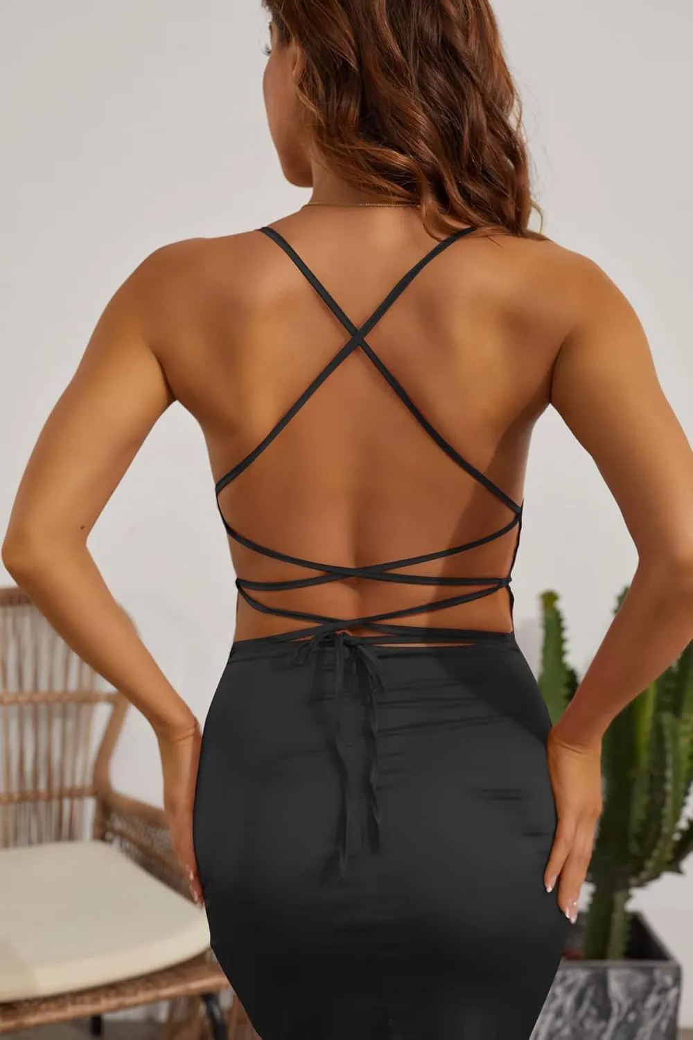 Velius Women's Sexy Spaghetti Strap Backless Lace up Bodycon Party Dress