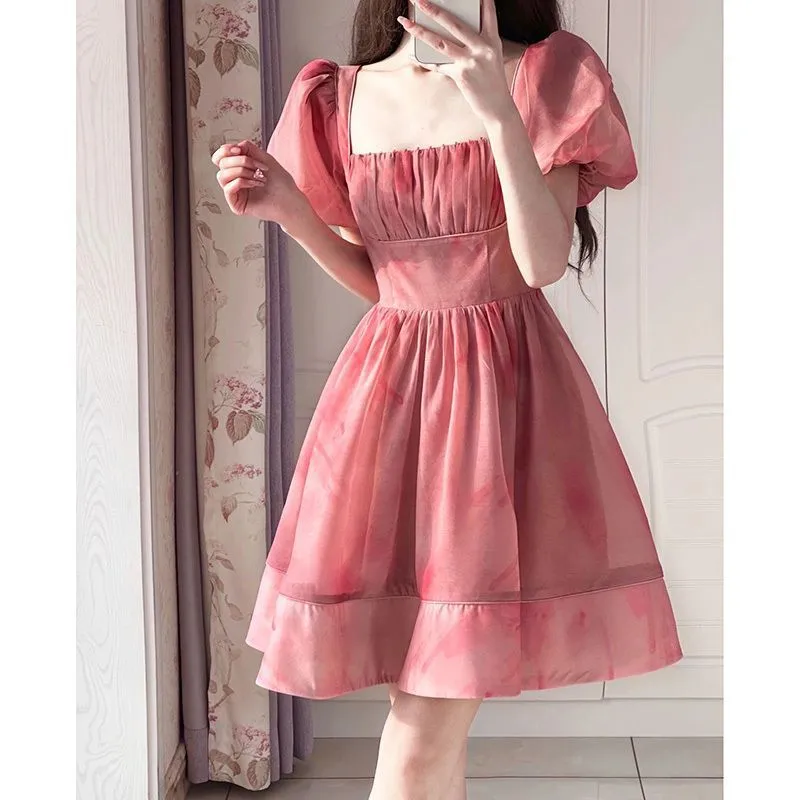 Vevesc cherry blossom dress to impress Pink Square Collar Puff Sleeve Waist-Tight Dress Women's Summer New Small Slimming Tea Break Princess Temperament Skirt