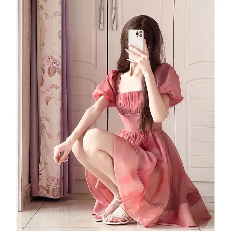 Vevesc cherry blossom dress to impress Pink Square Collar Puff Sleeve Waist-Tight Dress Women's Summer New Small Slimming Tea Break Princess Temperament Skirt
