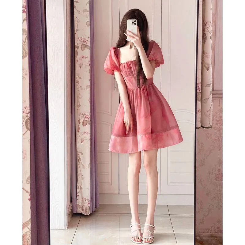 Vevesc cherry blossom dress to impress Pink Square Collar Puff Sleeve Waist-Tight Dress Women's Summer New Small Slimming Tea Break Princess Temperament Skirt