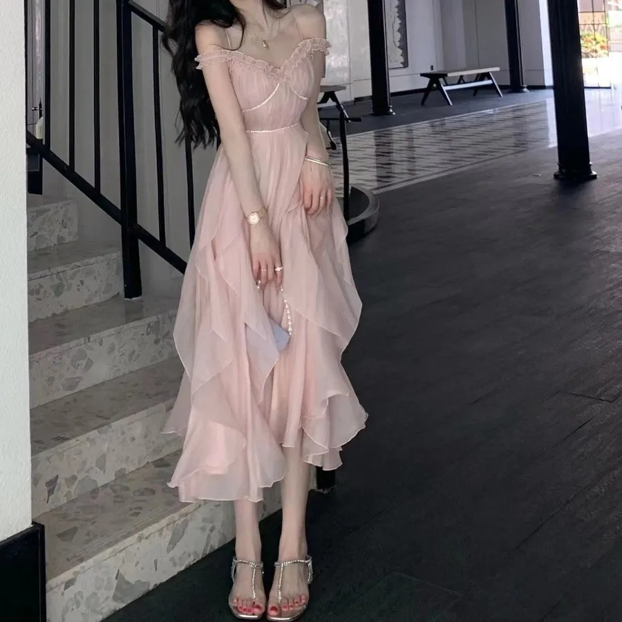 Vevesc cybergoth dress to impress Tea Break French Style Pink Sling Dress Female Summer Milk Sweet Escape Princess Vintage Vintage First Love Dress Super Fairy