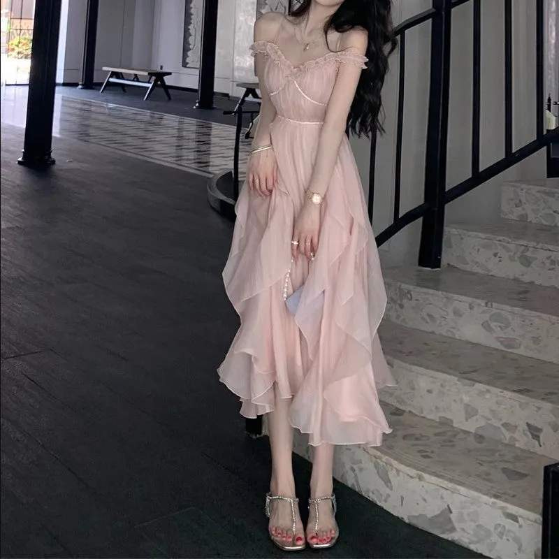 Vevesc cybergoth dress to impress Tea Break French Style Pink Sling Dress Female Summer Milk Sweet Escape Princess Vintage Vintage First Love Dress Super Fairy