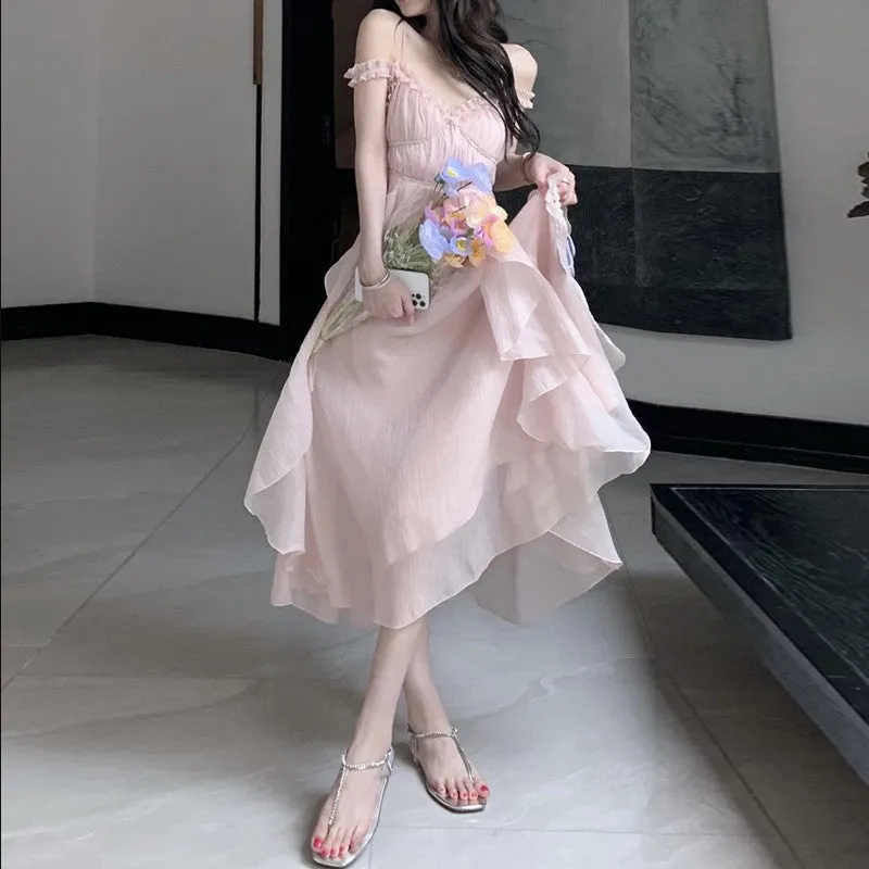 Vevesc cybergoth dress to impress Tea Break French Style Pink Sling Dress Female Summer Milk Sweet Escape Princess Vintage Vintage First Love Dress Super Fairy