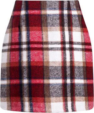 Vrtige Women's Plaid Mini Skirt High Waist Wool A Line Fall Bodycon Pencil Mini Skirt