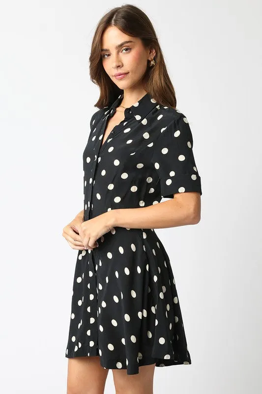 Waitlist 2/5 ♥ Felicia Short Sleeve Button Down Polka Dot Mini Dress Black