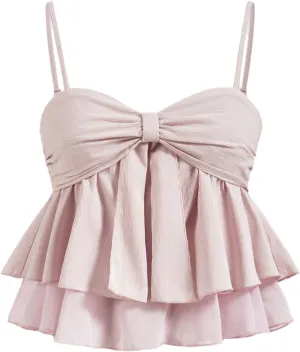 WDIRARA Women's Layered Ruffle Cami Crop Tops Twist Front Smocked Sleeveless Peplum Babydoll Top