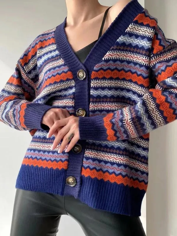 Wenkouban-Winter outfits ideas New Fashionable Contrast Color Knitted Sweater Cardigan Jacket Sweater