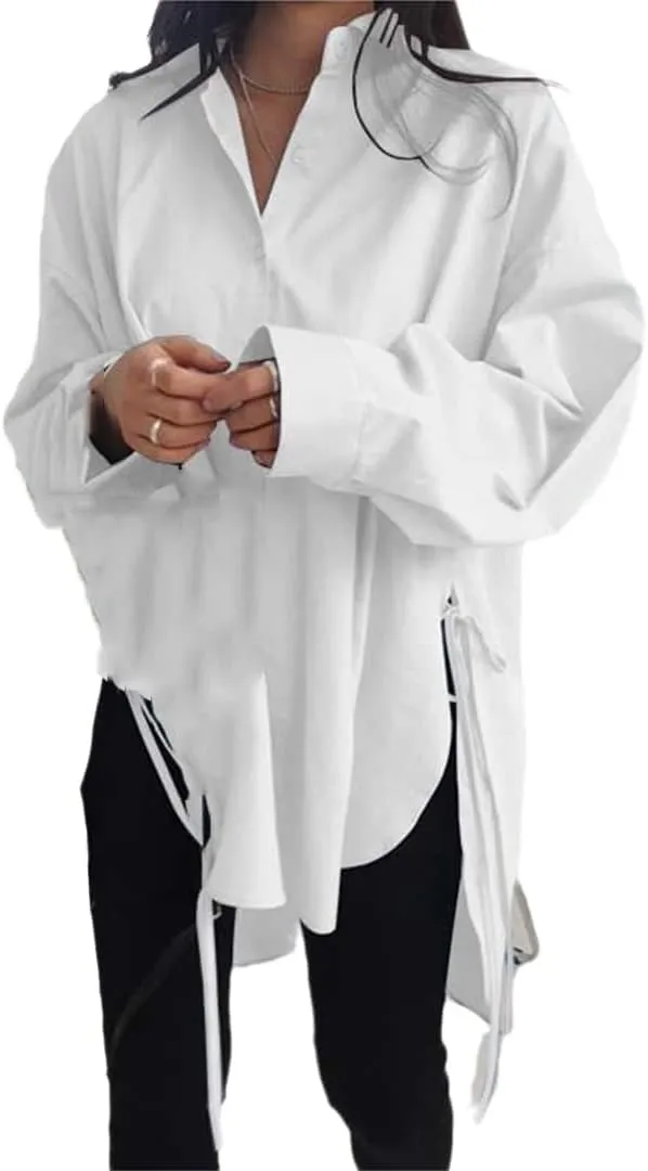 Women Long Sleeve Boyfriend Button Down Shirts Asymmetrical Casual Lace Up Oversized Tunic Tops A White XL