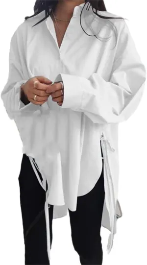 Women Long Sleeve Boyfriend Button Down Shirts Asymmetrical Casual Lace Up Oversized Tunic Tops A White XL