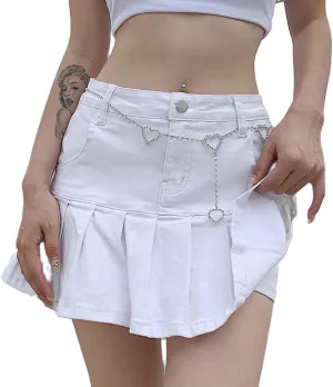 Women Y2K Pleated Jean Skirt Casual Low Waist Ruffle A Line Flare Denim Mini Skirt Summer Going Out Streetwear