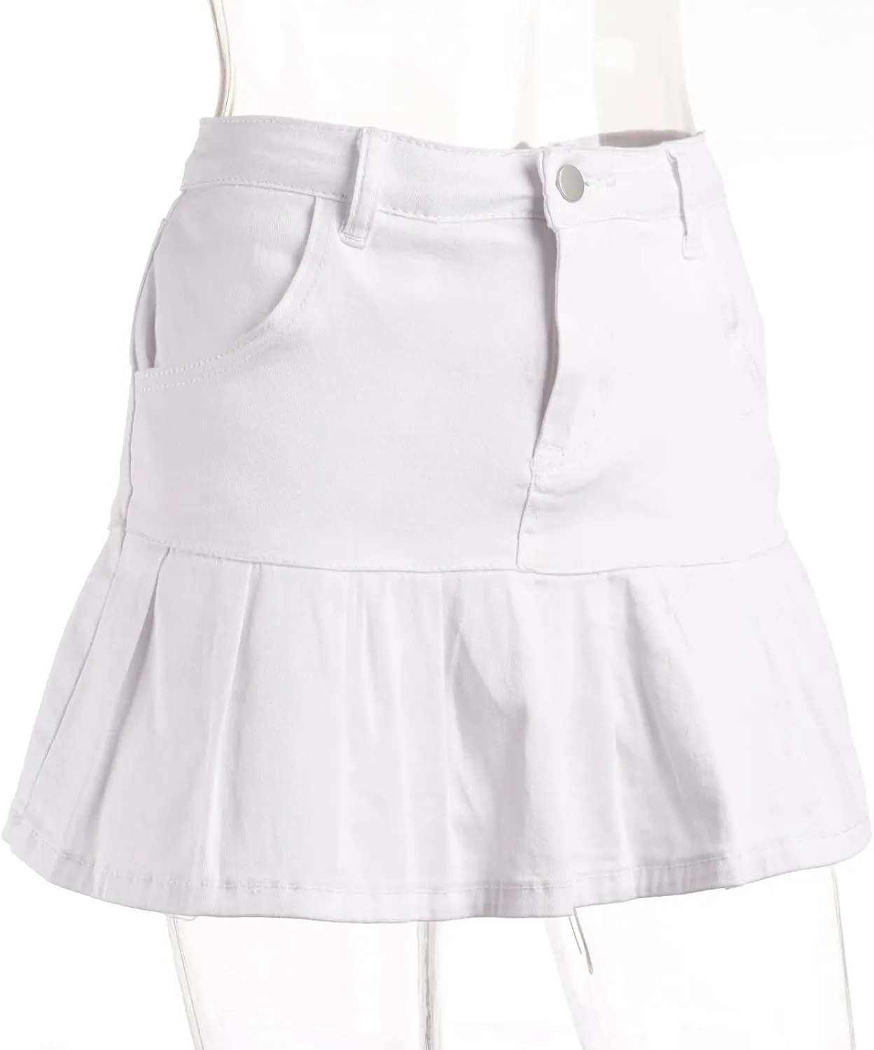Women Y2K Pleated Jean Skirt Casual Low Waist Ruffle A Line Flare Denim Mini Skirt Summer Going Out Streetwear