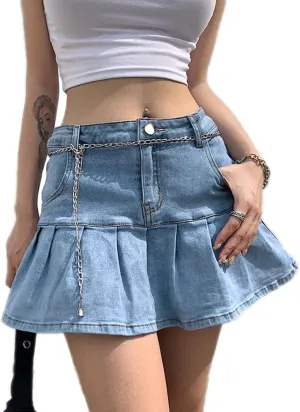 Women Y2K Pleated Jean Skirt Casual Low Waist Ruffle A Line Flare Denim Mini Skirt Summer Going Out Streetwear