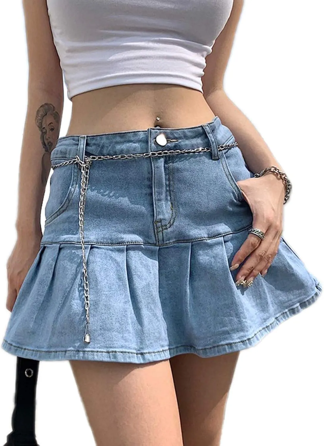 Women Y2K Pleated Jean Skirt Casual Low Waist Ruffle A Line Flare Denim Mini Skirt Summer Going Out Streetwear