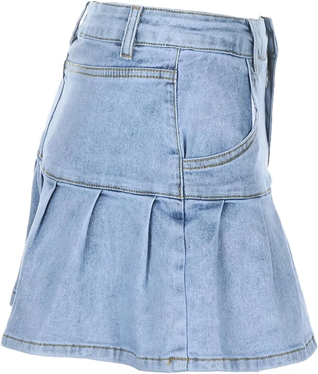 Women Y2K Pleated Jean Skirt Casual Low Waist Ruffle A Line Flare Denim Mini Skirt Summer Going Out Streetwear