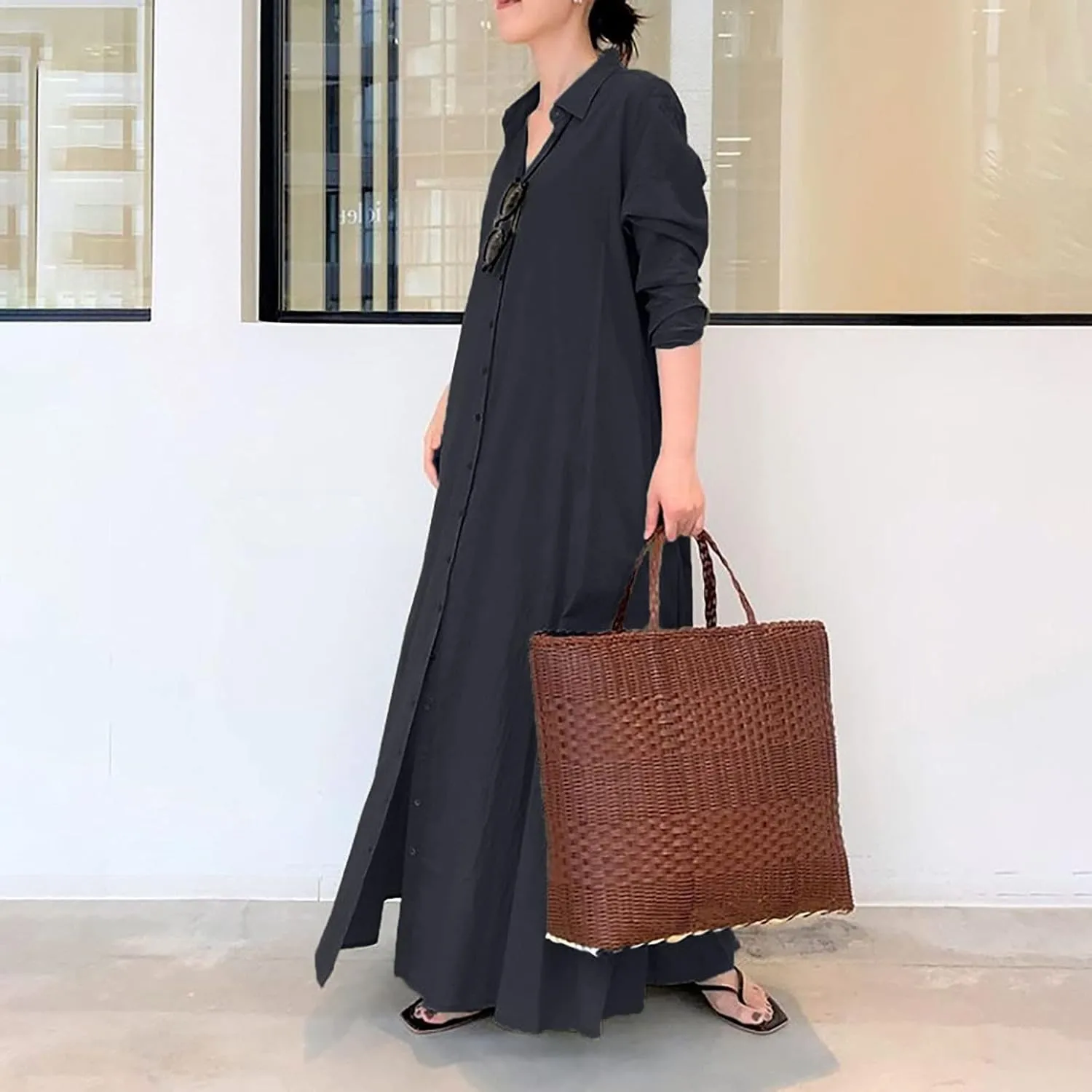 Womens Cotton Linen Shirt Dress Button Down Long Sleeve Maxi Shirtdress Casual Loose Lapel Collared Pocket
