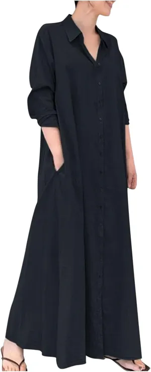 Womens Cotton Linen Shirt Dress Button Down Long Sleeve Maxi Shirtdress Casual Loose Lapel Collared Pocket