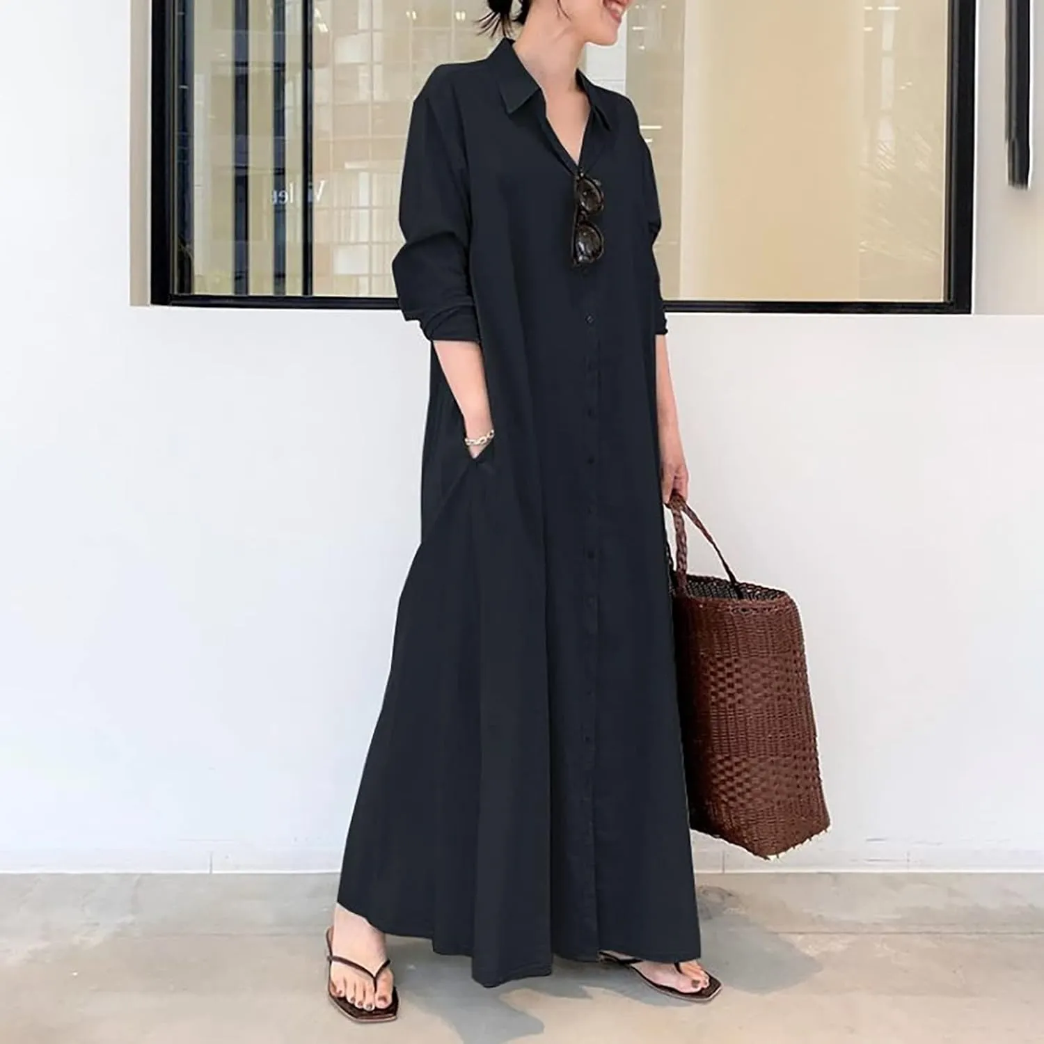 Womens Cotton Linen Shirt Dress Button Down Long Sleeve Maxi Shirtdress Casual Loose Lapel Collared Pocket