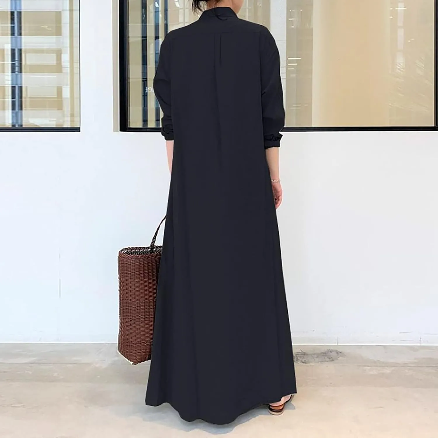 Womens Cotton Linen Shirt Dress Button Down Long Sleeve Maxi Shirtdress Casual Loose Lapel Collared Pocket