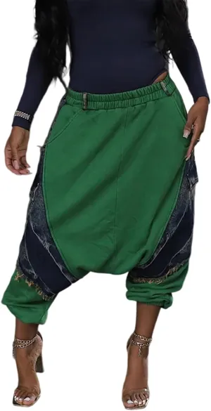 Women's Denim Harem Pants Patchwork Ripped Jeans Elastic Waist Loose Stretchy Trendy Barrel Jeans with Pockets