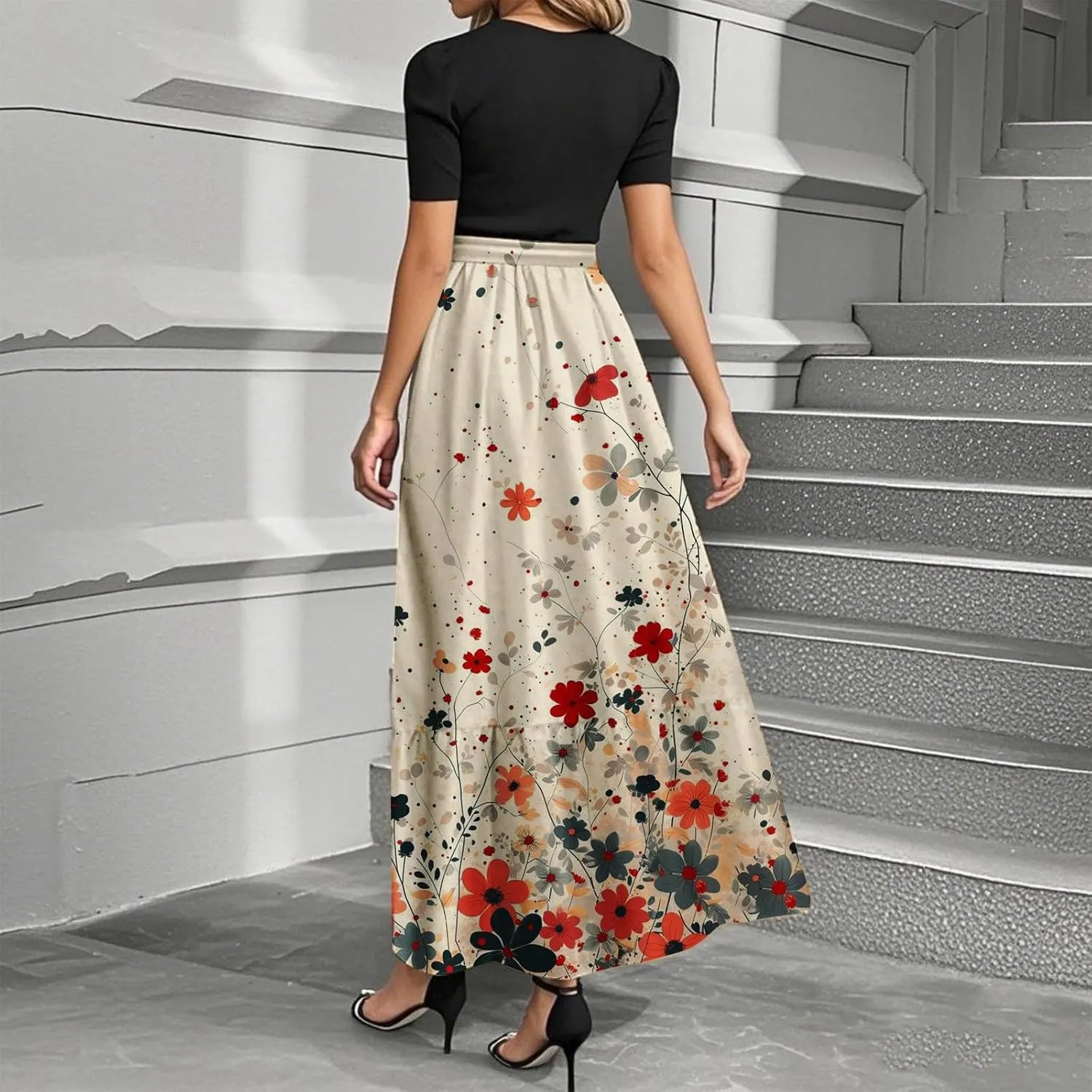 Women's Floral Summer Fashion Dresses Boho Tie Belted Patchwork Empire Waist Short Sleeve Ruffle Flowy Long Dress