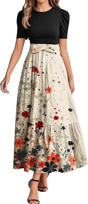 Women's Floral Summer Fashion Dresses Boho Tie Belted Patchwork Empire Waist Short Sleeve Ruffle Flowy Long Dress