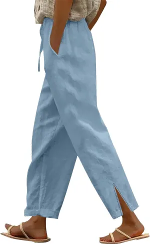 Womens Linen Pants with Pockets High Waist Comfy White Gauze Pants Straight Leg Casual Lightweight Loose Trousers