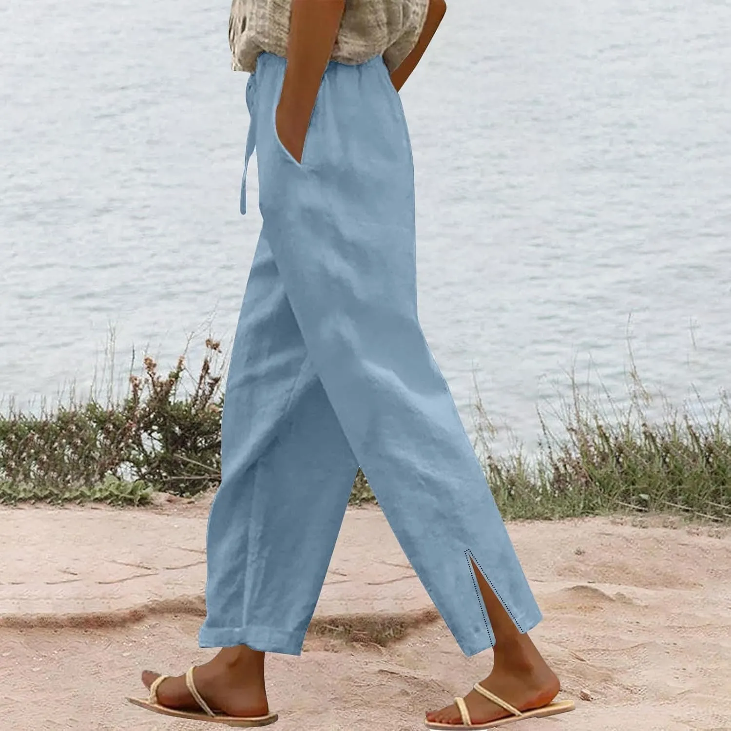 Womens Linen Pants with Pockets High Waist Comfy White Gauze Pants Straight Leg Casual Lightweight Loose Trousers