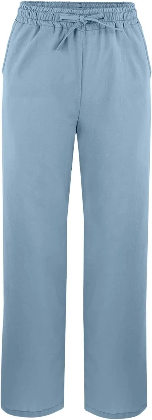 Womens Linen Pants with Pockets High Waist Comfy White Gauze Pants Straight Leg Casual Lightweight Loose Trousers