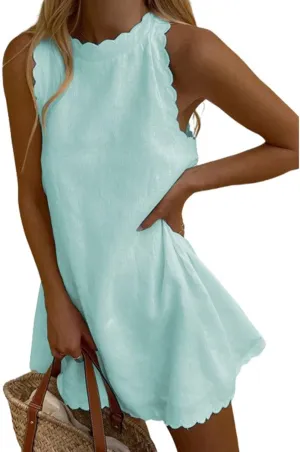 Womens Linen Sleeveless Tank Dress Crewneck Scallop Summer Short Dress Loose Casual Solid Color Flowy Beach Sundress