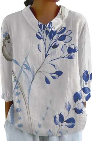 Womens Linen Tops Tops Summer Casual V Neck Tshirt Ladies 2024 Floral Print Daily Tees Tunic White Blouse for Women