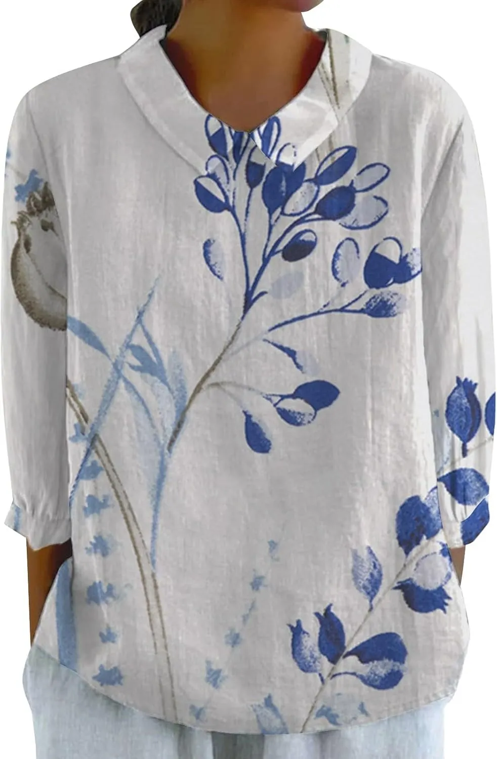 Womens Linen Tops Tops Summer Casual V Neck Tshirt Ladies 2024 Floral Print Daily Tees Tunic White Blouse for Women