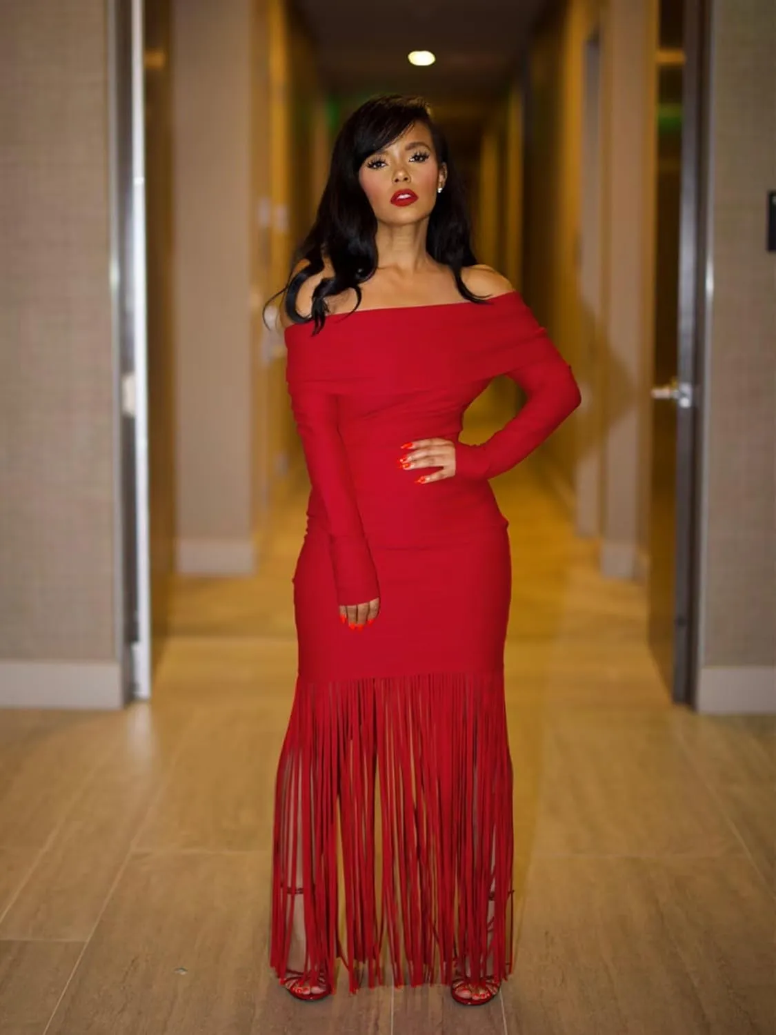 Women's Sexy Off Shoulder Tassel Bodycon Dress Elegant Long Sleeve Cocktail Party Maxi Dresses