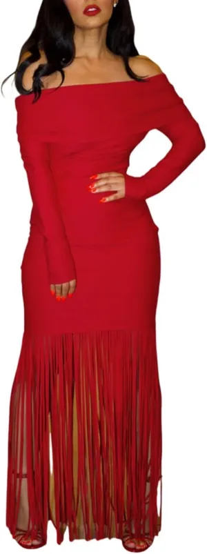 Women's Sexy Off Shoulder Tassel Bodycon Dress Elegant Long Sleeve Cocktail Party Maxi Dresses
