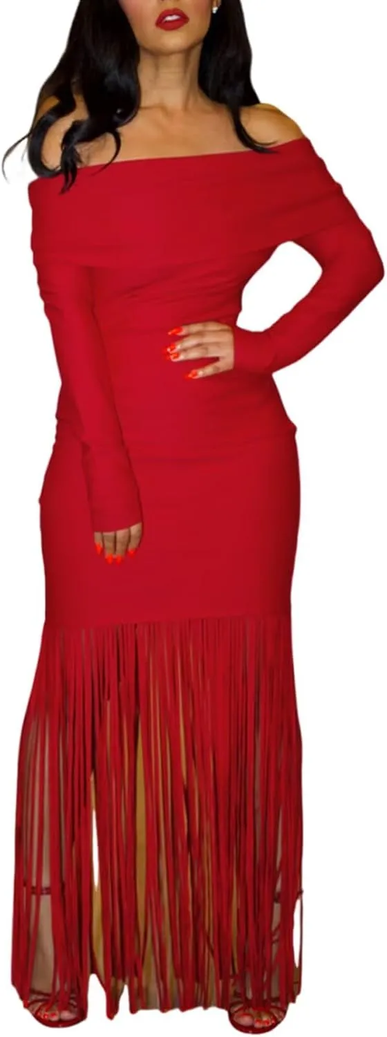 Women's Sexy Off Shoulder Tassel Bodycon Dress Elegant Long Sleeve Cocktail Party Maxi Dresses