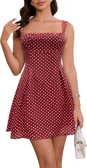 Women's Square Neck Mini Dress Sexy Backless Bow Tie Sleeveless Flare Dress Summer Short Party Dresses