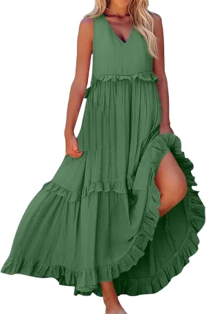 Womens Summer Maxi Dresses Casual Sleeveless Ruffle Flowy V Neck Dress Plus Size Loose Tiered Beach Vacation Dresses