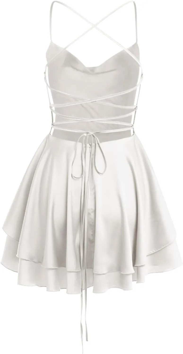Womens Summer Sexy Backless Satin Dress Cowl Neck Cross Spaghetti Strap Solid Color Mini Beach Vacation Dresses