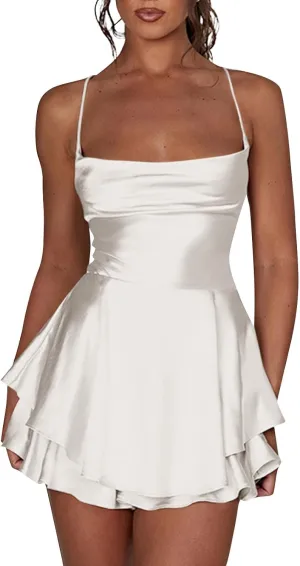 Womens Summer Sexy Backless Satin Dress Cowl Neck Cross Spaghetti Strap Solid Color Mini Beach Vacation Dresses