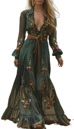 Womens Vintage Pastoral Boho Floral Maxi Dress V-Neck Long Sleeve Dress Western Tunic Ruffle Tiered Flowy Dresses