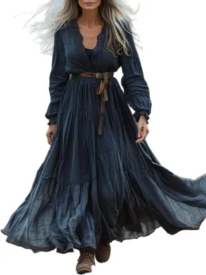 Womens Vintage Pastoral Boho Floral Maxi Dress V-Neck Long Sleeve Dress Western Tunic Ruffle Tiered Flowy Dresses