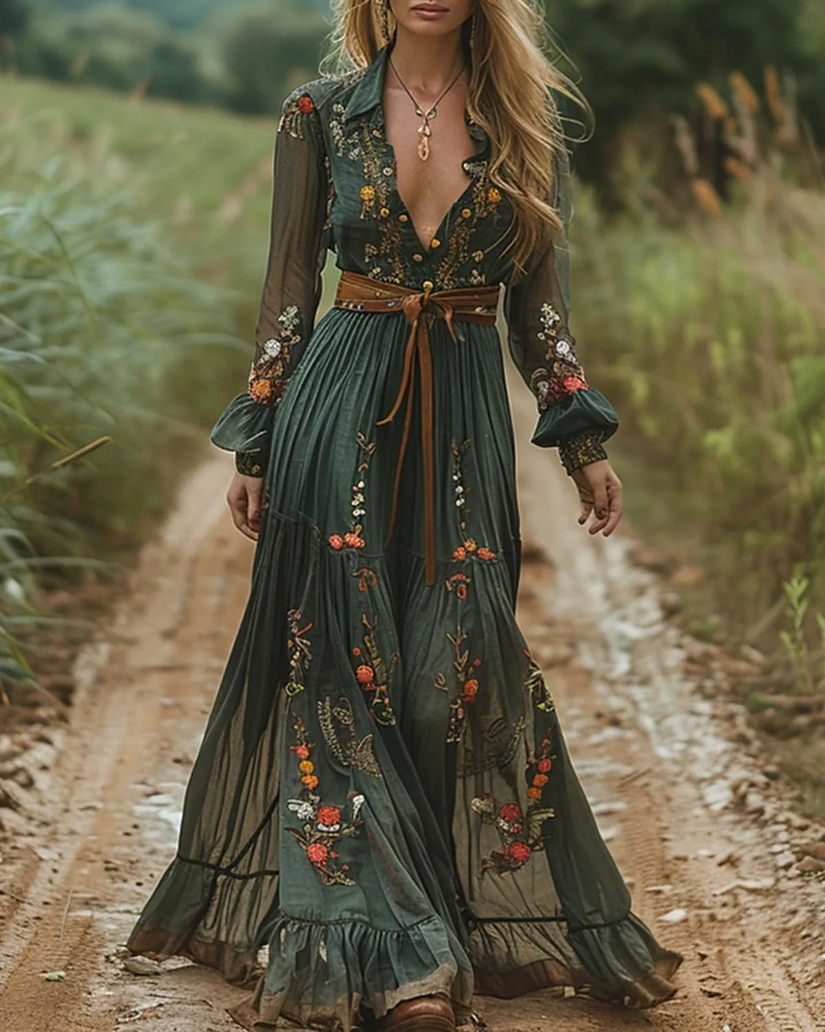 Womens Vintage Pastoral Boho Floral Maxi Dress V-Neck Long Sleeve Dress Western Tunic Ruffle Tiered Flowy Dresses