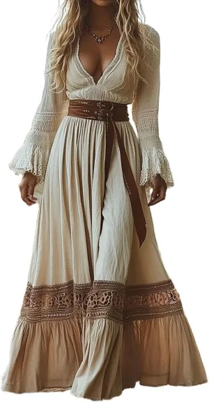 Womens Vintage Pastoral Boho Floral Maxi Dress V-Neck Long Sleeve Dress Western Tunic Ruffle Tiered Flowy Dresses
