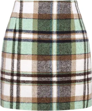 Womens Wool Plaid Skirt High Waist Bodycon Pencil Skirt Fall Flannel Woolen Tartan A-line Skirts