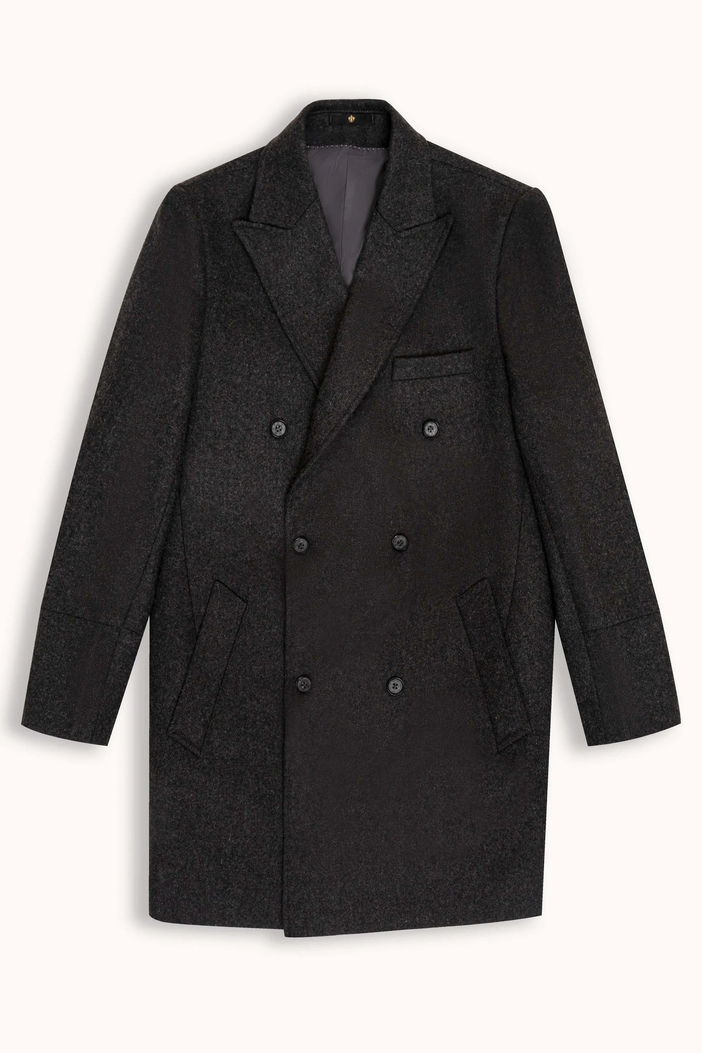 WOOLEN LONG COAT DOUBLE BREASTED CHARCOAL GREY