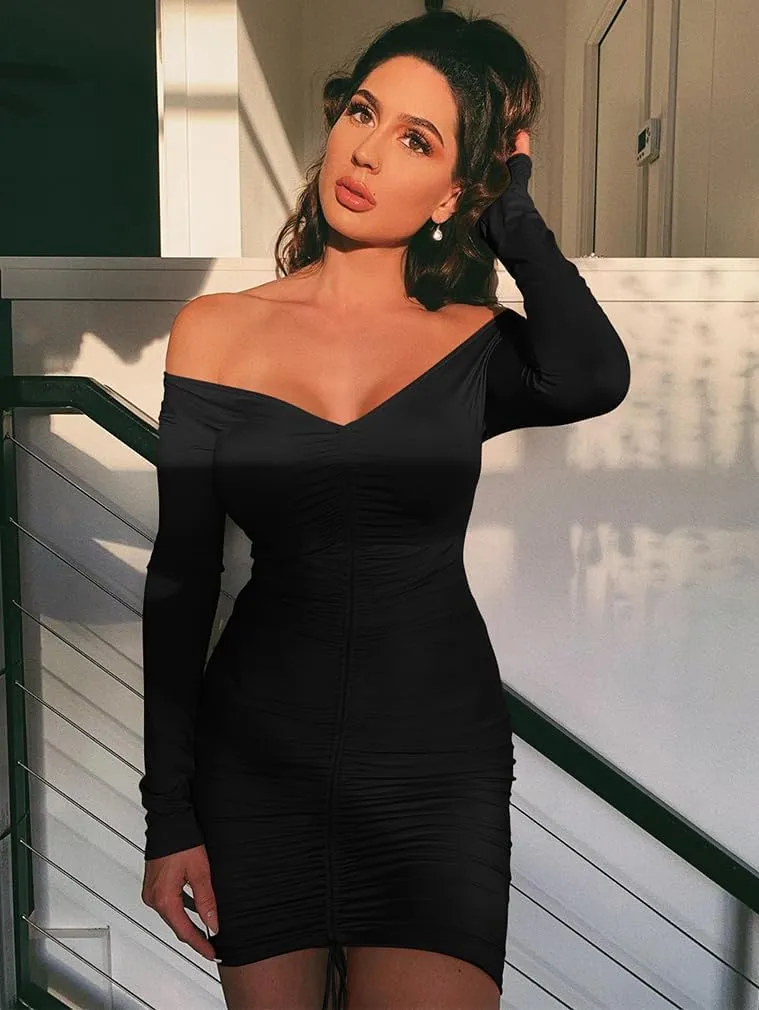 XXTAXN Women's Sexy Elegant Long Sleeve Off The Shoulder Ruched Mini Dress